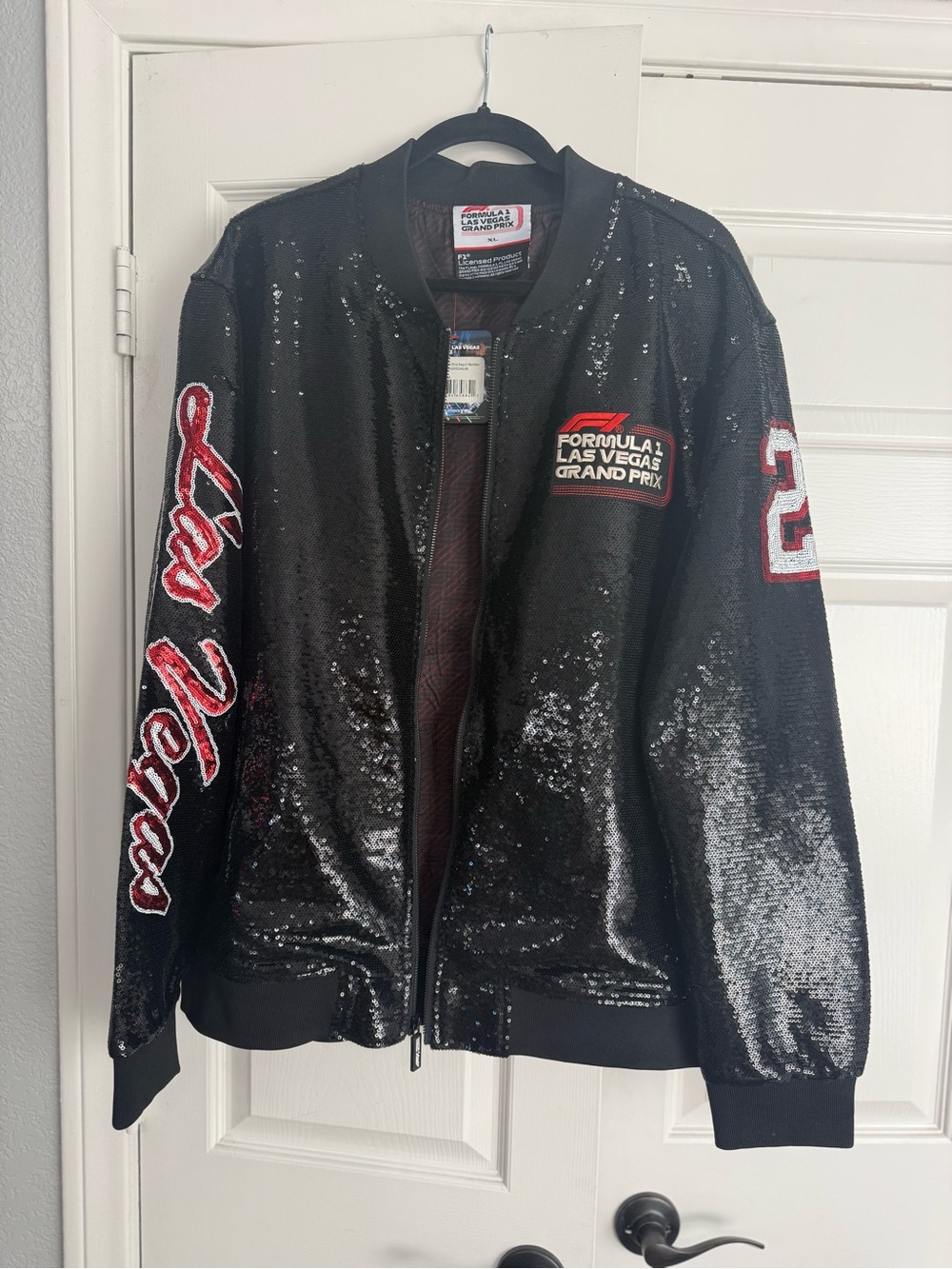Formula 1 Las Vegas Grand Prix Roll the Dice Black Sequin Bomber Jacket